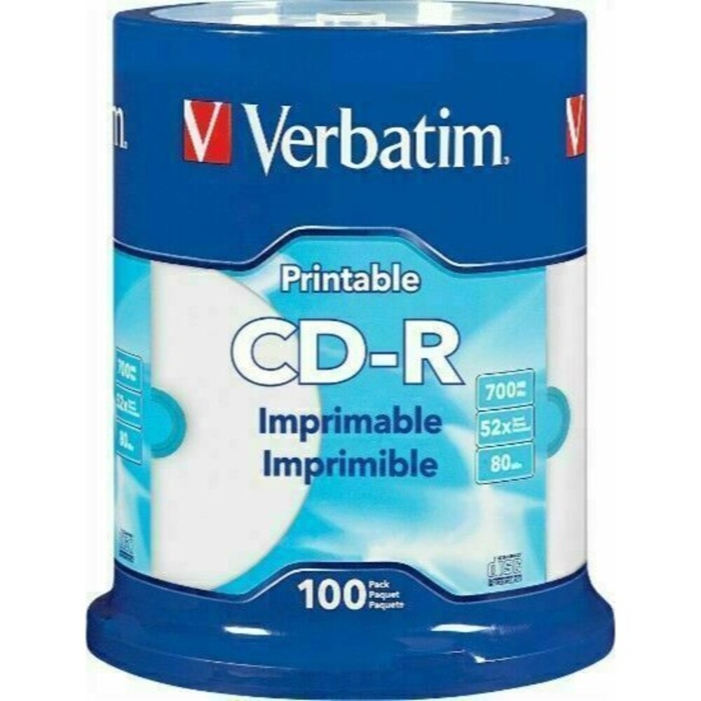 VERBATIM CD-R CDR 52X 700MB White Inkjet Hub Printable 100 pack Spindle 98493